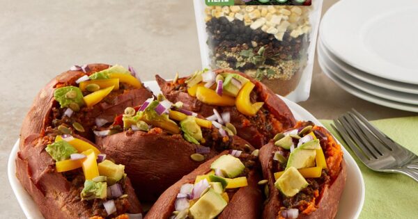 Southwest Black Bean Smothered Sweet Potatoes - LeafSide